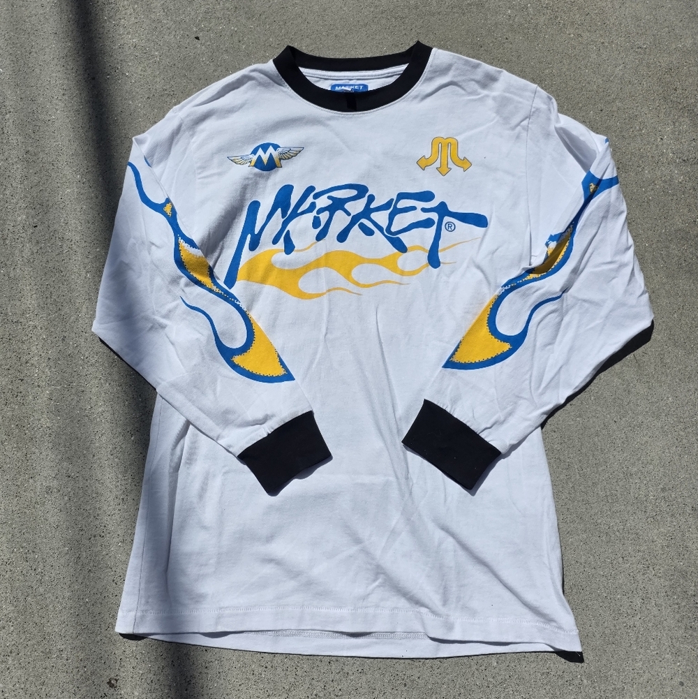 Market White Long-Sleeve Graphic Tee with Blue & Yellow Flame Accents
